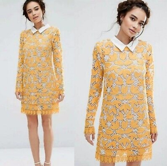 Endless Rose Long Sleeved Lace Mini Dress Large Collar Crochet Lace Yellow White - Picture 2 of 9